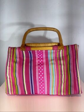 Colorful Striped Woven ribbon Tote Bag Bamboo Handles Pink Boho Summer Purse
